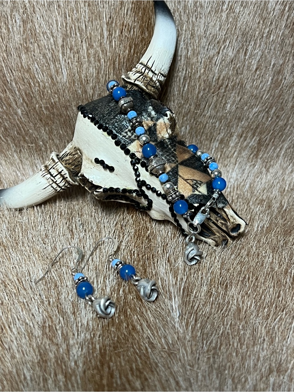 Sterling silver  blue quartz and lapis beaded bracelet